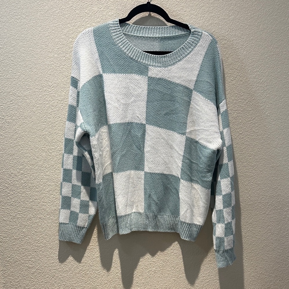 Checkerboard Crewneck Sweater - Light Blue & White Size Large